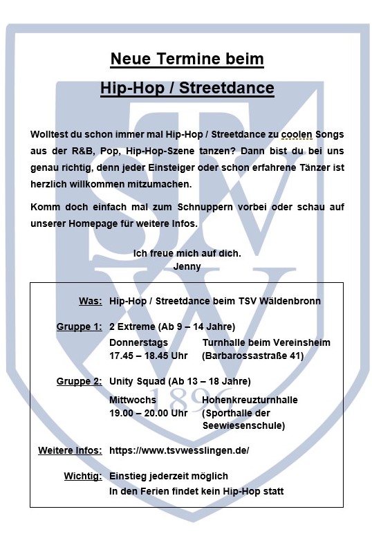 Neue Termine Hip-Hop / Steetdance